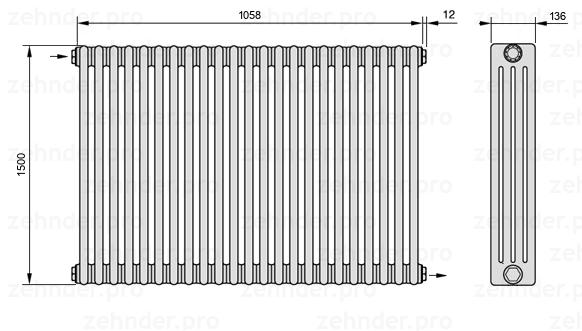 Схема (чертеж) Радиатор Zehnder Charleston 4150/23 №1670 Белый глянцевый RAL 9016